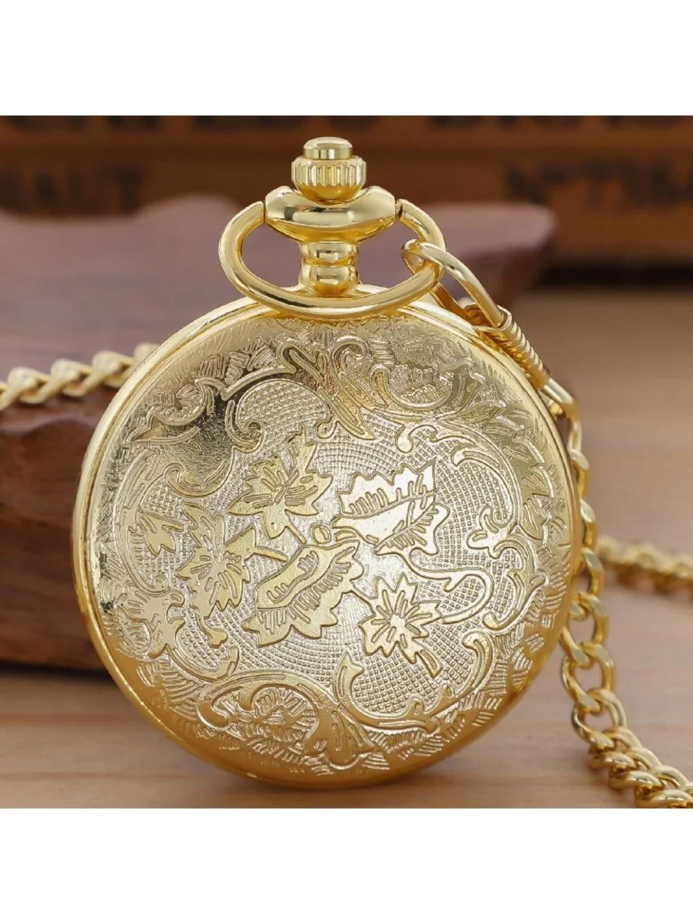 Men's All Gold Analog Quartz Arabic Numeral Moon Phase Chain Dial Pocket Watch
